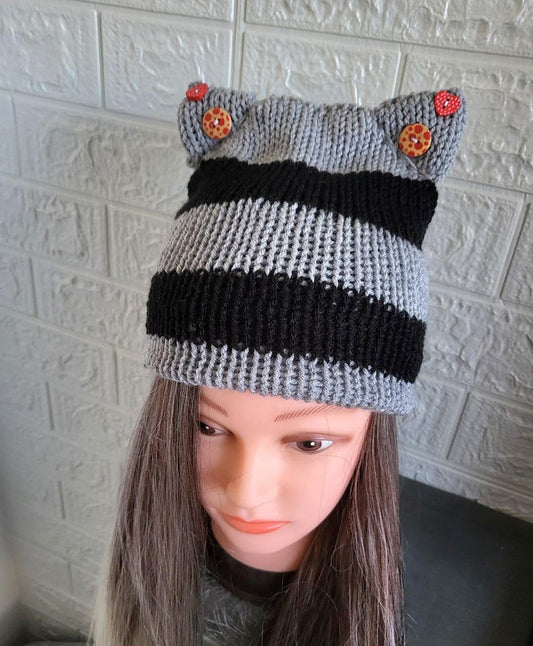 Knitted Cat Ear Hat Beanie Grey & Black Stripes Punk Emo Goth Kitty Hat Winter Gift HT3