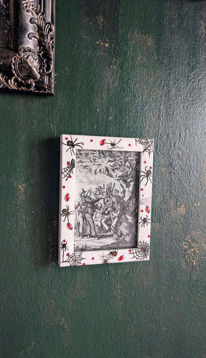 4 x 6" white wall hanging photo / picture frame adorned in red gems, spiders and webs. Gothic decor horror fan gift housewarming present