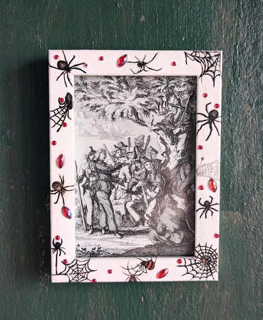 4 x 6" white wall hanging photo / picture frame adorned in red gems, spiders and webs. Gothic decor horror fan gift housewarming present