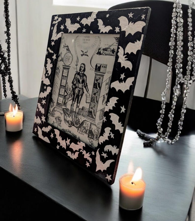 6 x 8" Wood Portrait Free Standing Picture photo frame. Gothic hand painted black with White silhouette flying bats. Spooky horror home gift