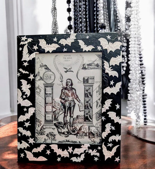 6 x 8" Wood Portrait Free Standing Picture photo frame. Gothic hand painted black with White silhouette flying bats. Spooky horror home gift