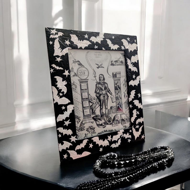 6 x 8" Wood Portrait Free Standing Picture photo frame. Gothic hand painted black with White silhouette flying bats. Spooky horror home gift