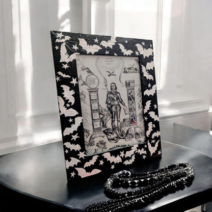 6 x 8" Wood Portrait Free Standing Picture photo frame. Gothic hand painted black with White silhouette flying bats. Spooky horror home gift