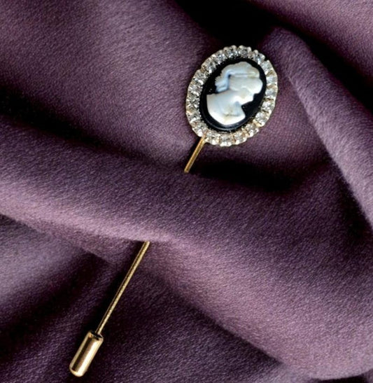 Lapel Tie Pin Black White Cameo With Diamonte Border On Gold Pin Formal Wear Dapper Gent Steampunk Goth Victorian Regency Style LP1