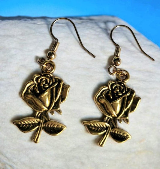 Pretty Gold Roses Drop Earrings Party Holiday Gothic Whitby Festival Great Gift ER2