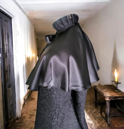 Black Satin Cape Capelet With Black Lace Collar Victorian Steampunk Wedding Whitby Larp Regency Gothic Theatre Costume Circular Cloak CP32