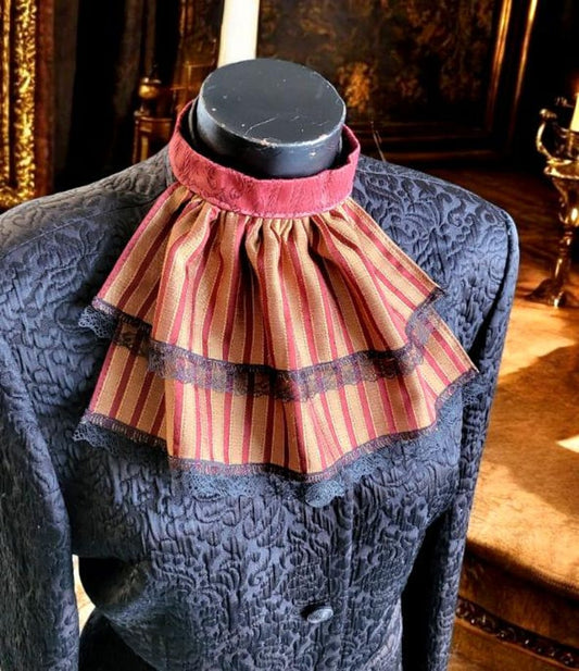 Burgundy & Gold Regency Stripe With Black Lace Jabot Cravat Victorian Ruffle Neck Frill Steampunk Whitby Gothic Theatre Costume Cosplay N34