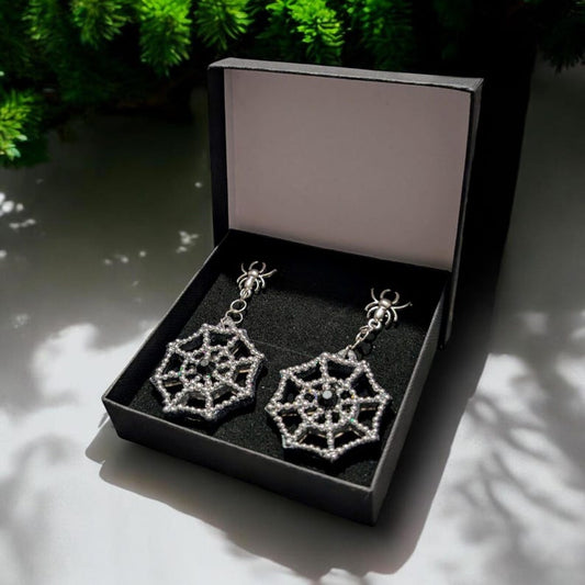 Hand made unique spiderweb and spider earrings gothic spooky style inspired gift box for pierced ears birthday gift for her Halloween ooak