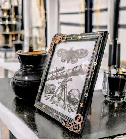 7 x 5" portrait freestanding photo picture frame black with copper bronze steampunk mechanical cogs small gems unique home decor gift ooak
