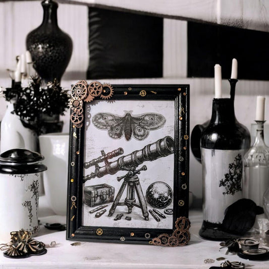 7 x 5" portrait freestanding photo picture frame black with copper bronze steampunk mechanical cogs small gems unique home decor gift ooak