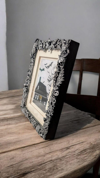 8 x 6" free standing picture photo frame. Chunky Gothic home decor blackened silver creepy bugs bones spiders gift for couple house unique