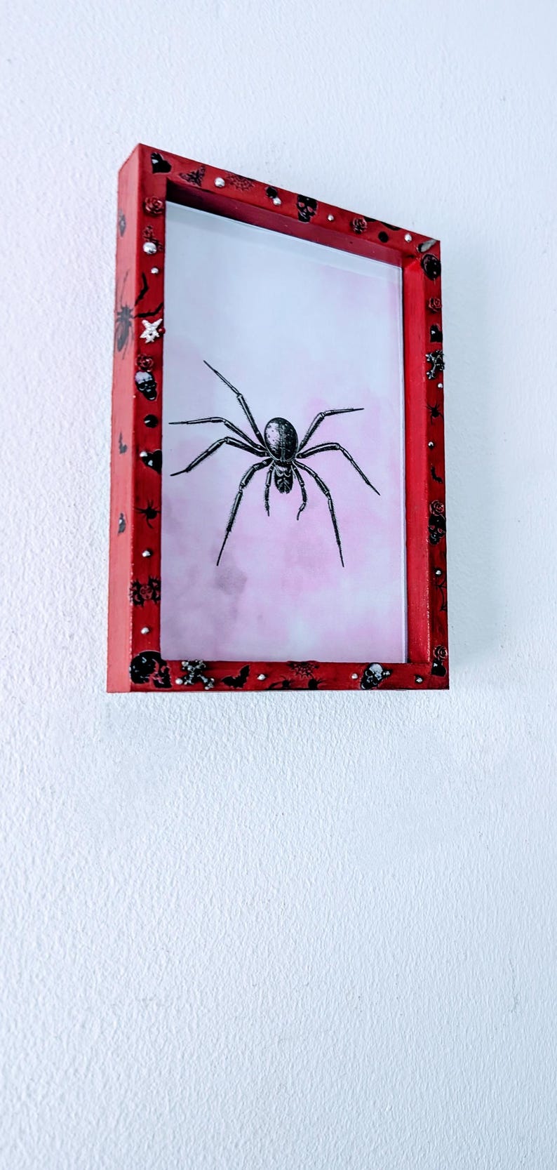 6 x 4" red deep wooden photo frame. Hand embellished+ painted gothic charms crosses skulls gems unusual funky gothic home decor gift inspo