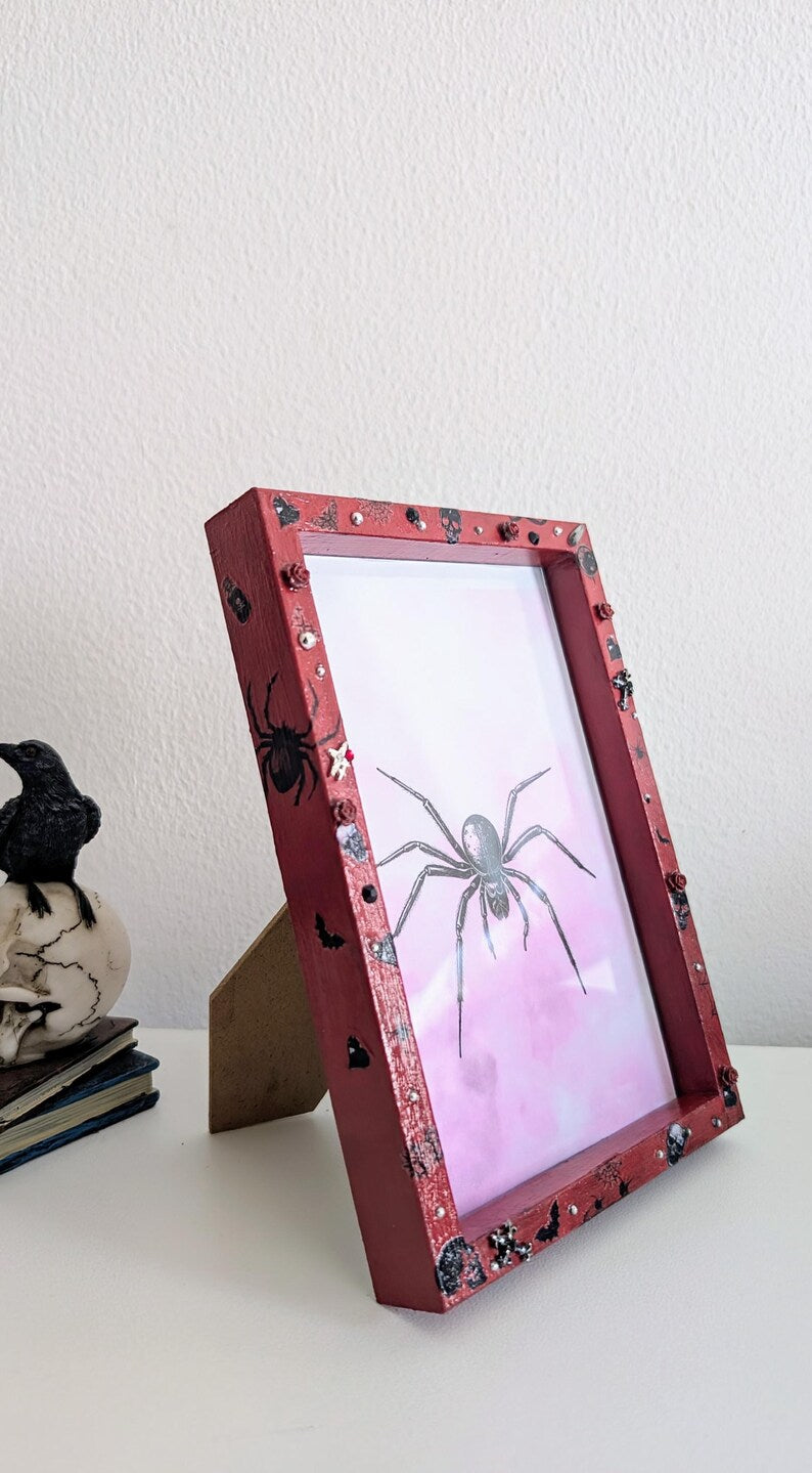 6 x 4" red deep wooden photo frame. Hand embellished+ painted gothic charms crosses skulls gems unusual funky gothic home decor gift inspo