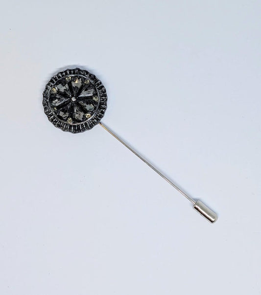 Handmade grey diamantés round decorative lapel pin set in antique silver tone metal gift box dapper gentleman groom gothic wedding unique