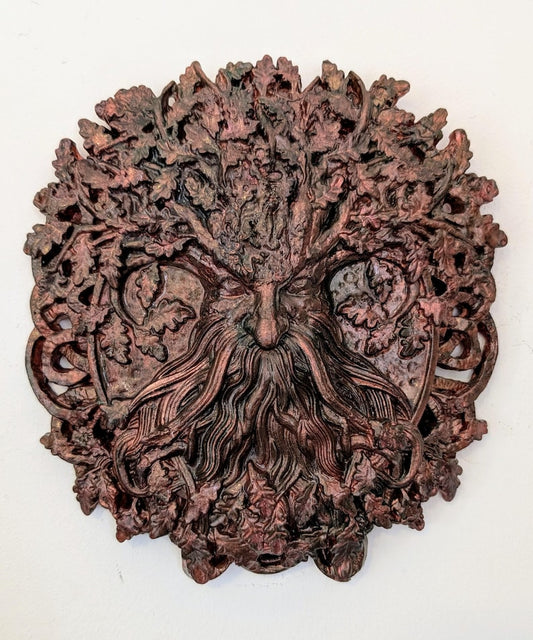 Hand made Green Man indoor wall hanging plaque home decor bronze green patina effect oak tree pagan inspired house warming gift