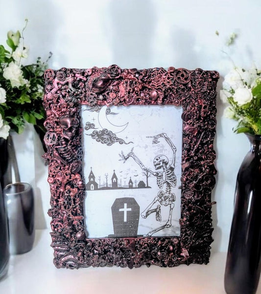 8 x 6" freestanding portrait picture photo frame. Hand embellished gothic charms blackened metallic rose pink crow skulls skeletons spooky