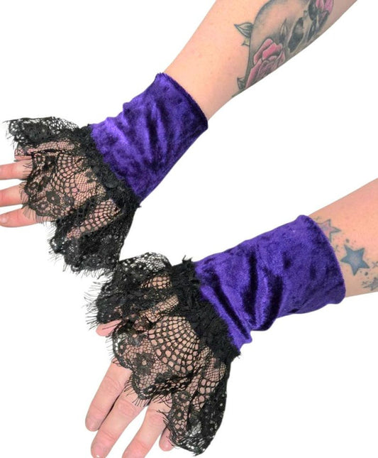 Purple Velvet & Deep Black Lace Wrist Cuffs Free Size Goth Whitby Victorian Style Larp Fancy Dress Gothic VA1