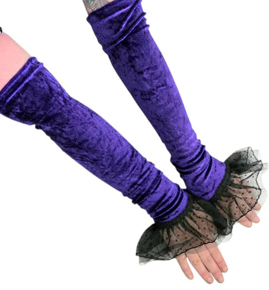 Purple Velvet & Deep Black Lace Arm Warmers Sleeves Free Size Goth Whitby Victorian Style Larp Fancy Dress Gothic AW1