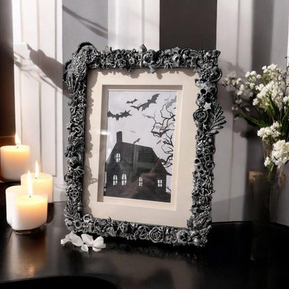 8 x 6" free standing picture photo frame. Chunky Gothic home decor blackened silver creepy bugs bones spiders gift for couple house unique