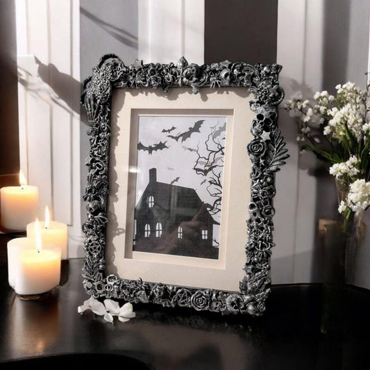 8 x 6" free standing picture photo frame. Chunky Gothic home decor blackened silver creepy bugs bones spiders gift for couple house unique