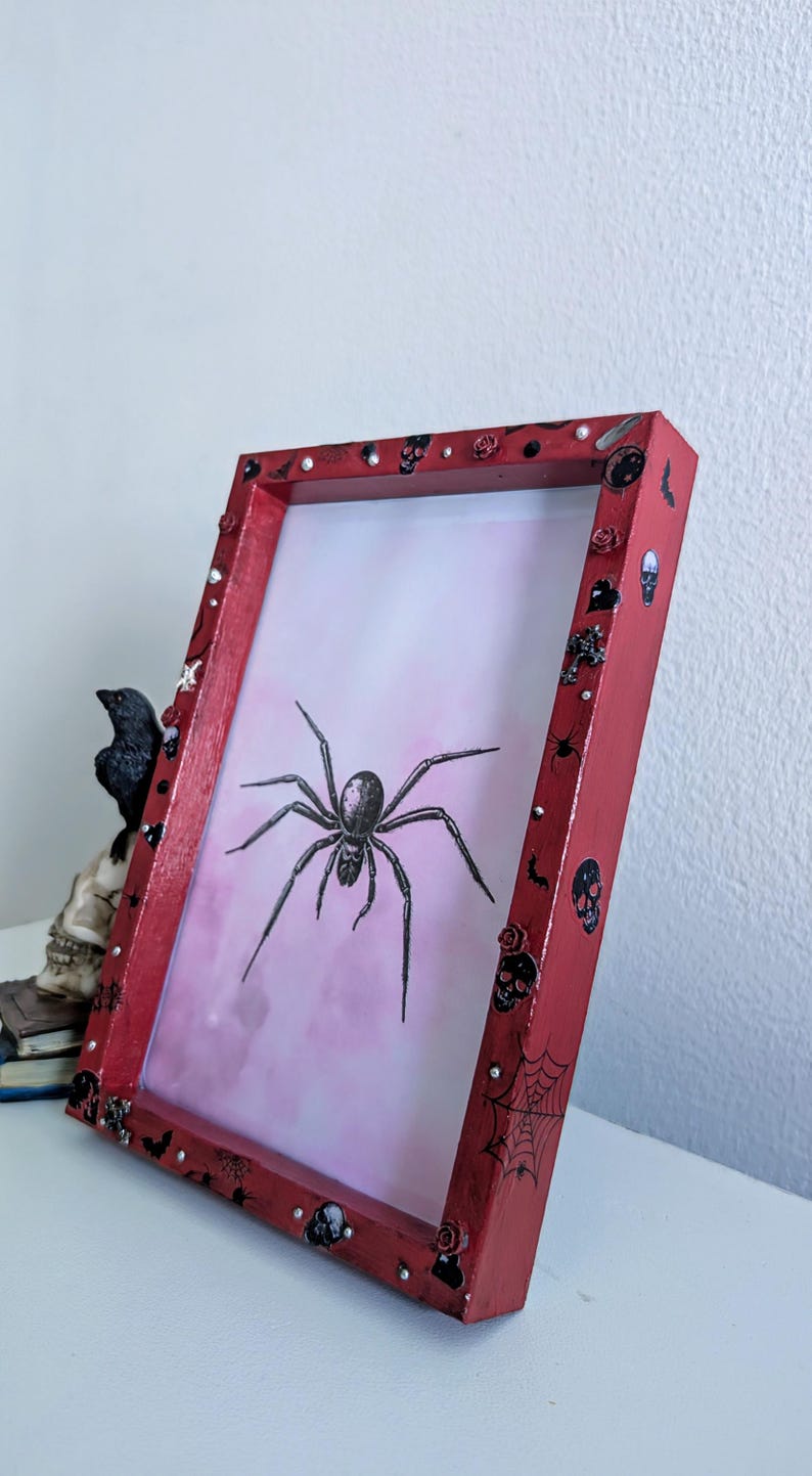 6 x 4" red deep wooden photo frame. Hand embellished+ painted gothic charms crosses skulls gems unusual funky gothic home decor gift inspo