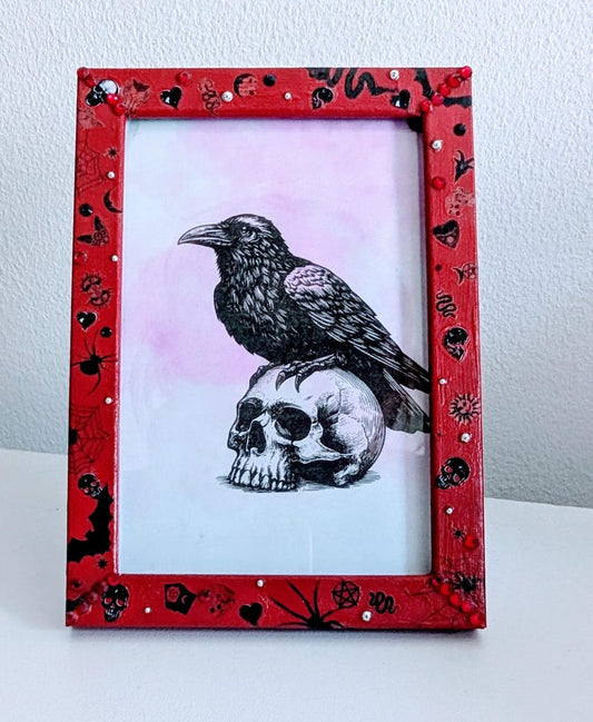 6 x 4" red wooden photo picture frame. Hand embellished+ painted gothic charms crosses skulls gems spiders funky gothic home decor gift insp