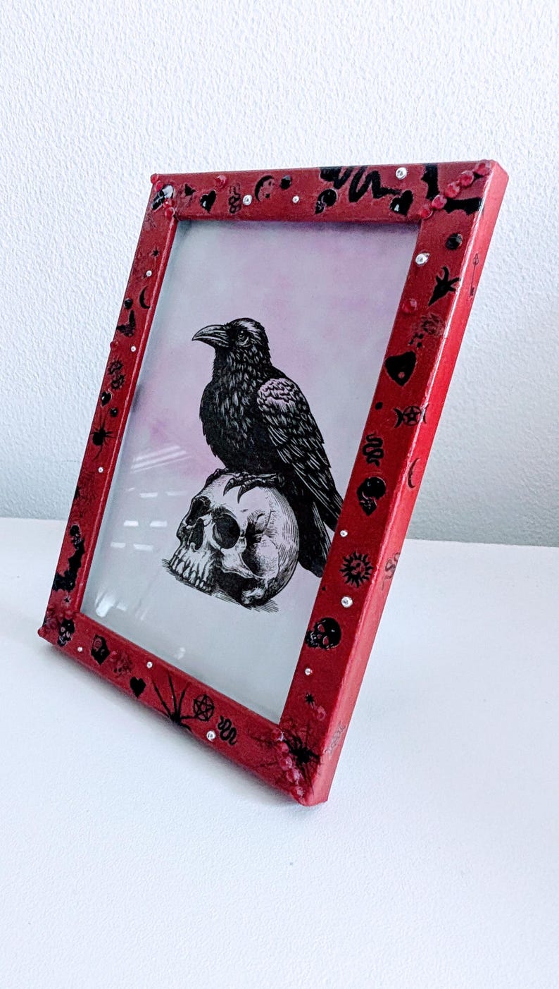 6 x 4" red wooden photo picture frame. Hand embellished+ painted gothic charms crosses skulls gems spiders funky gothic home decor gift insp
