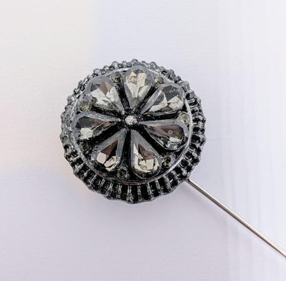 Handmade grey diamantés round decorative lapel pin set in antique silver tone metal gift box dapper gentleman groom gothic wedding unique
