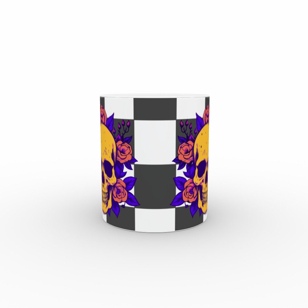 Ceramic Mug 11oz Gift Boxed Funky Skull and Roses On Checkerboard Gothic Decor