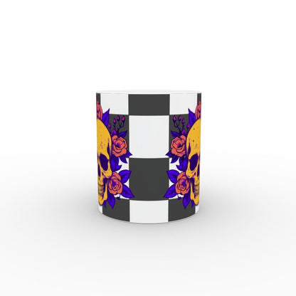 Ceramic Mug 11oz Gift Boxed Funky Skull and Roses On Checkerboard Gothic Decor
