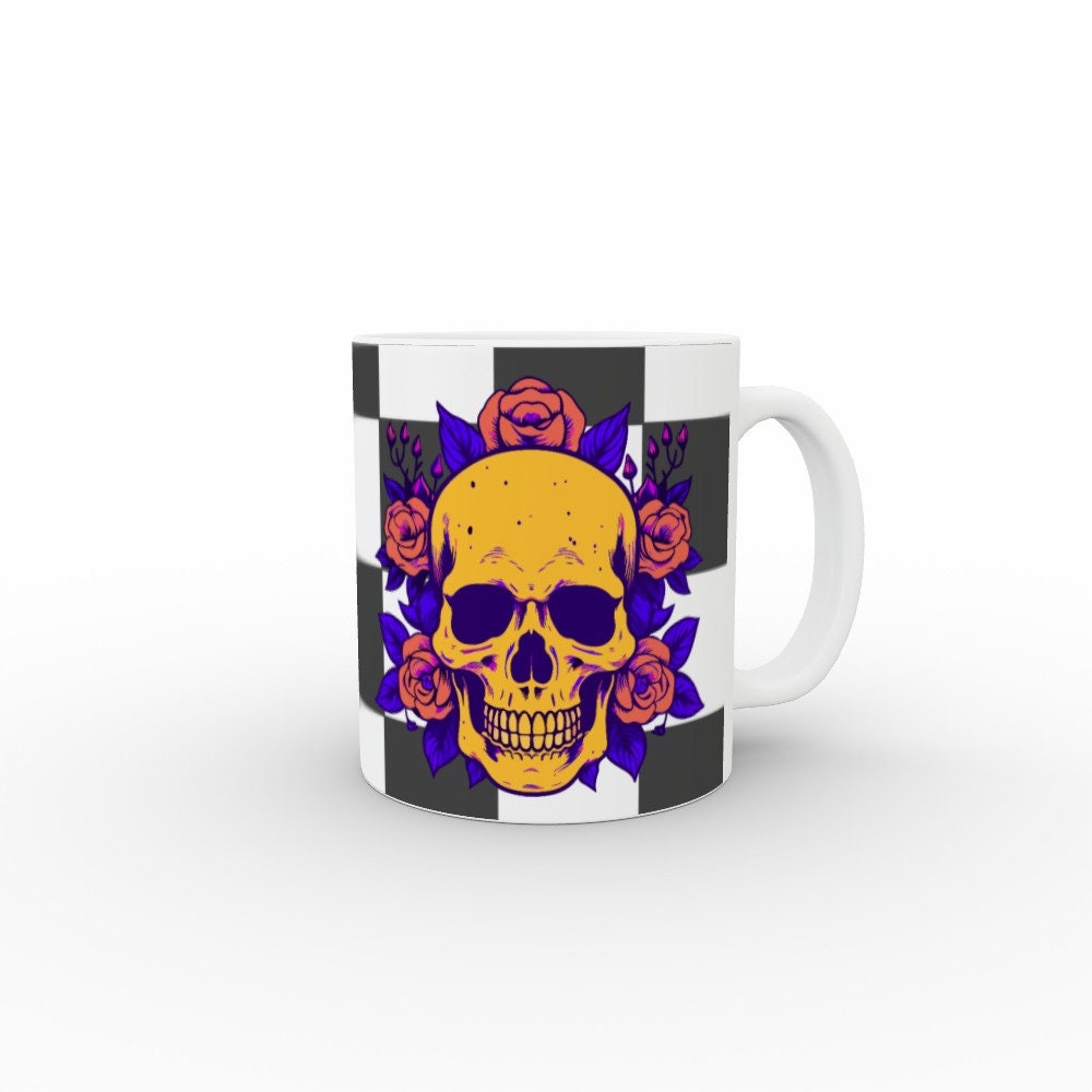 Ceramic Mug 11oz Gift Boxed Funky Skull and Roses On Checkerboard Gothic Decor