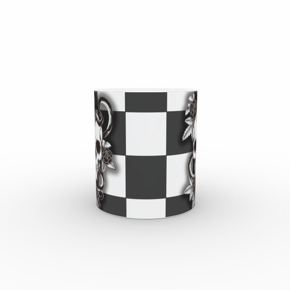 Ceramic Mug 11oz Gift Boxed Funky Skull, Snakes and Roses on Checkerboard Goth Fun Decor