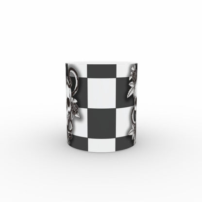 Ceramic Mug 11oz Gift Boxed Funky Skull, Snakes and Roses on Checkerboard Goth Fun Decor
