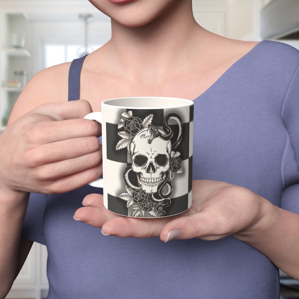 Ceramic Mug 11oz Gift Boxed Funky Skull, Snakes and Roses on Checkerboard Goth Fun Decor