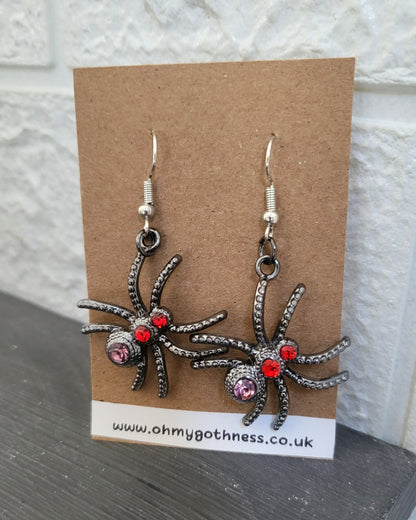 Silver Big Creepy Spider Earrings Red Pink Crystal Gems Goth Whitby Halloween Gothic Great Gift E7