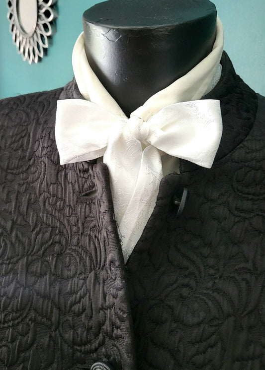 White Satin Paisley Self Tie Skinny Cravat Neck Scarf Multi Way Steampunk Wedding Pussy Bow Theatre Costume Victorian Whitby N3
