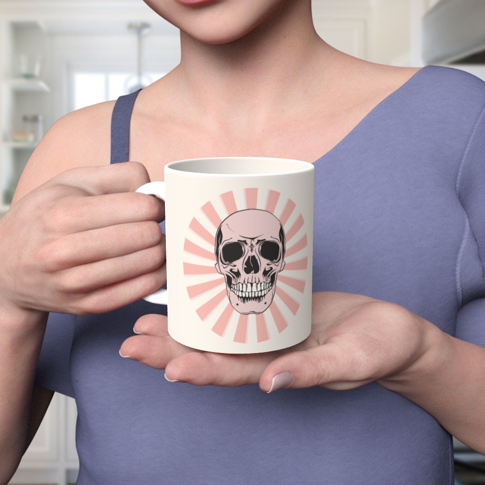Ceramic Mug 11oz Gift Boxed Skull and Candy Pow Funky Pink White