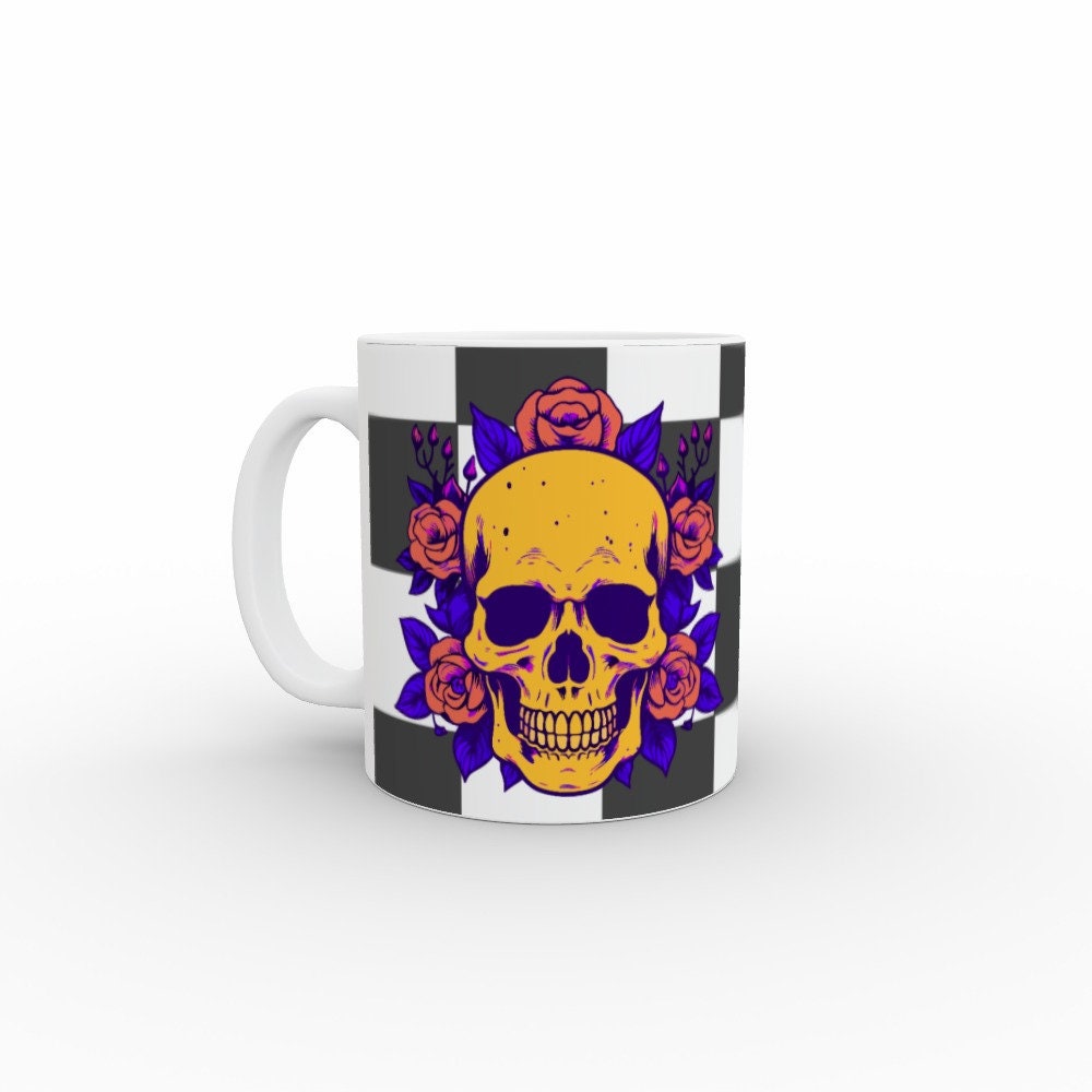 Ceramic Mug 11oz Gift Boxed Funky Skull and Roses On Checkerboard Gothic Decor