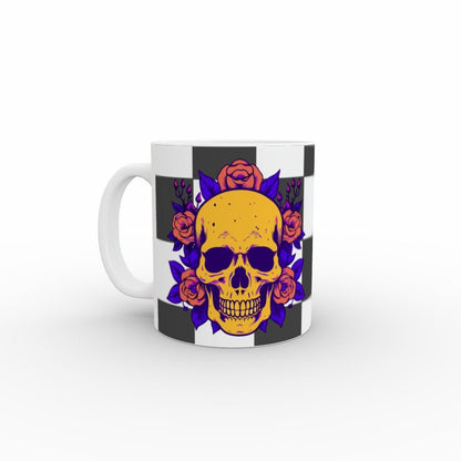 Ceramic Mug 11oz Gift Boxed Funky Skull and Roses On Checkerboard Gothic Decor