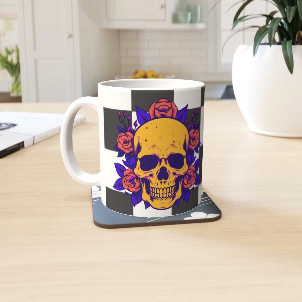 Ceramic Mug 11oz Gift Boxed Funky Skull and Roses On Checkerboard Gothic Decor