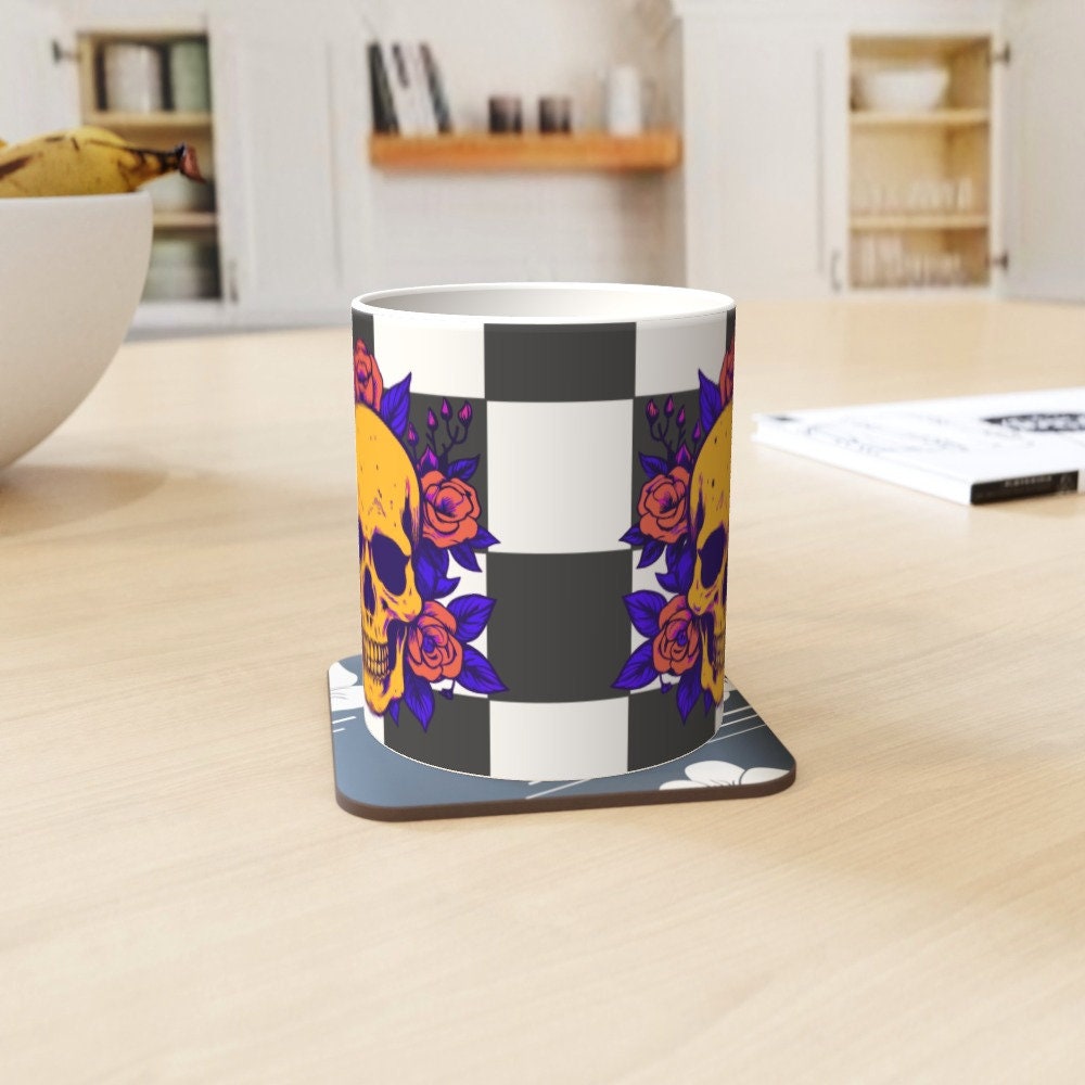 Ceramic Mug 11oz Gift Boxed Funky Skull and Roses On Checkerboard Gothic Decor