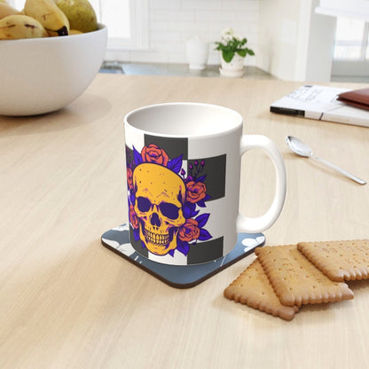 Ceramic Mug 11oz Gift Boxed Funky Skull and Roses On Checkerboard Gothic Decor