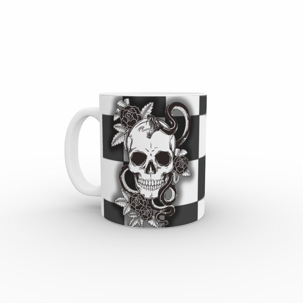 Ceramic Mug 11oz Gift Boxed Funky Skull, Snakes and Roses on Checkerboard Goth Fun Decor