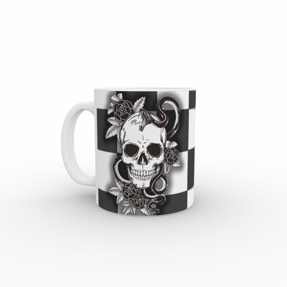 Ceramic Mug 11oz Gift Boxed Funky Skull, Snakes and Roses on Checkerboard Goth Fun Decor