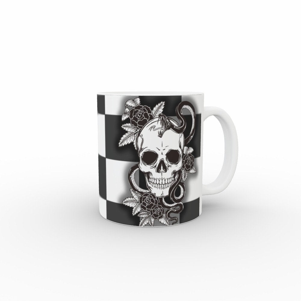 Ceramic Mug 11oz Gift Boxed Funky Skull, Snakes and Roses on Checkerboard Goth Fun Decor