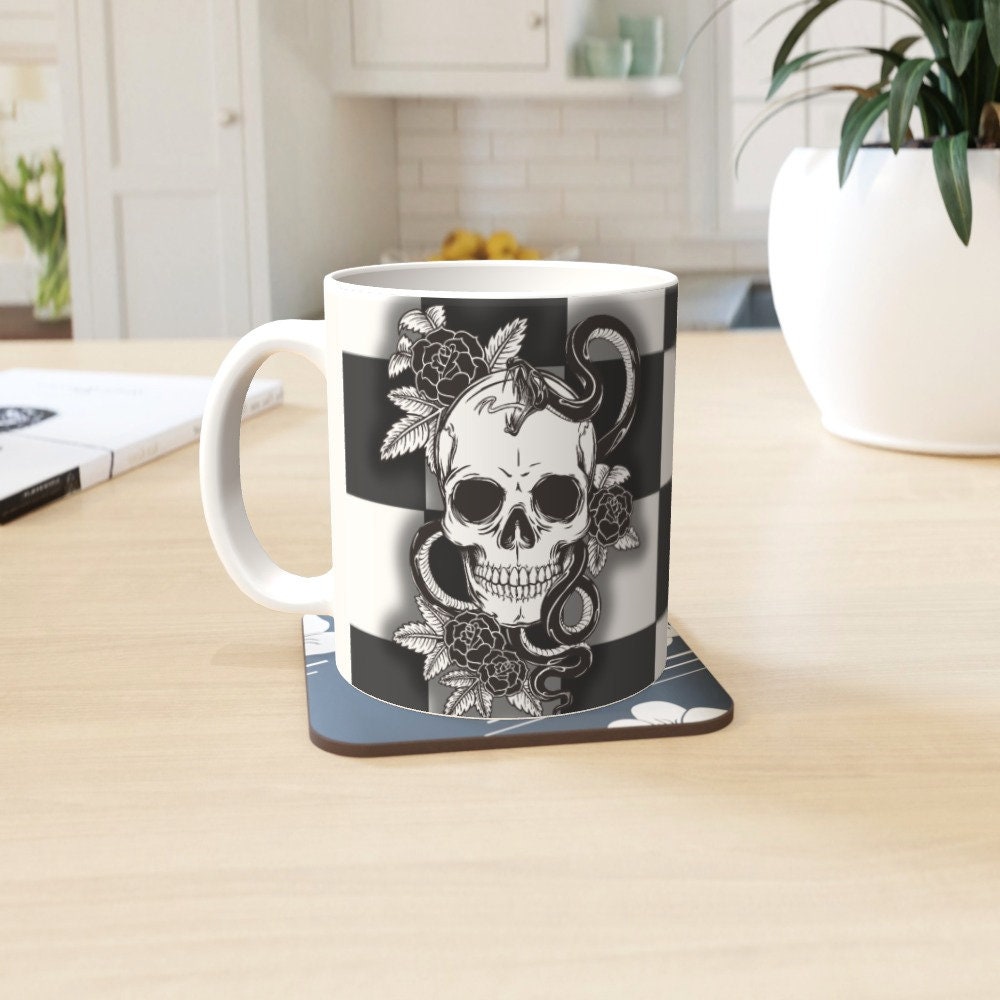 Ceramic Mug 11oz Gift Boxed Funky Skull, Snakes and Roses on Checkerboard Goth Fun Decor