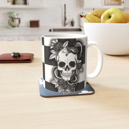 Ceramic Mug 11oz Gift Boxed Funky Skull, Snakes and Roses on Checkerboard Goth Fun Decor