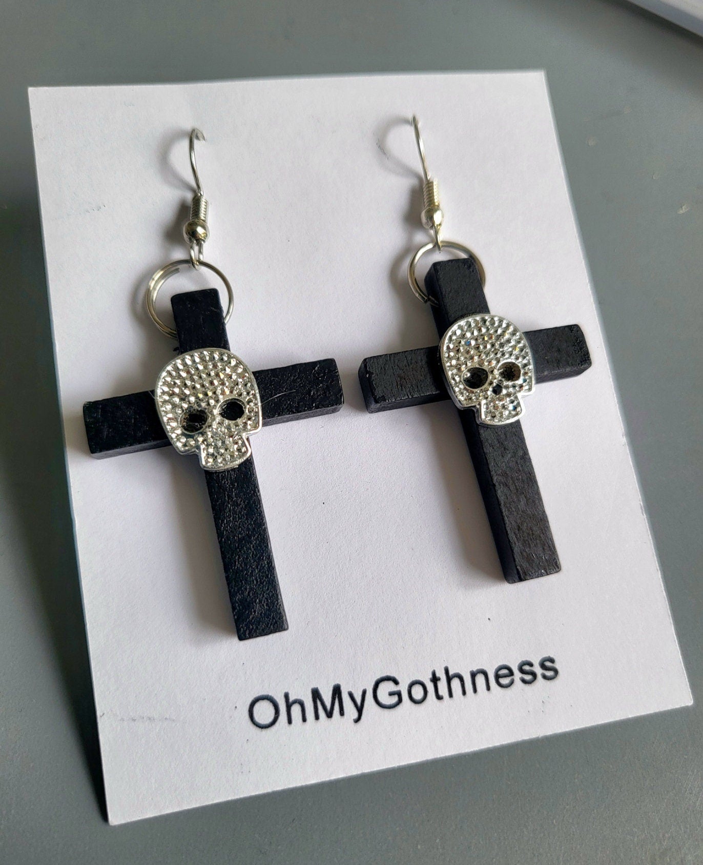Handmade Wooden Cross Earrings & Black Silver Diamonte Skull Goth Whitby Church Gothic Great Gift E15