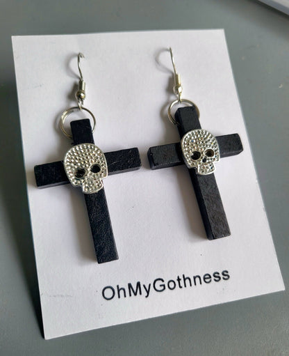 Handmade Wooden Cross Earrings & Black Silver Diamonte Skull Goth Whitby Church Gothic Great Gift E15