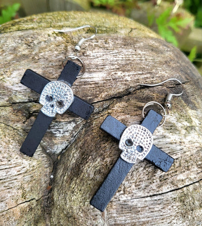 Handmade Wooden Cross Earrings & Black Silver Diamonte Skull Goth Whitby Church Gothic Great Gift E15